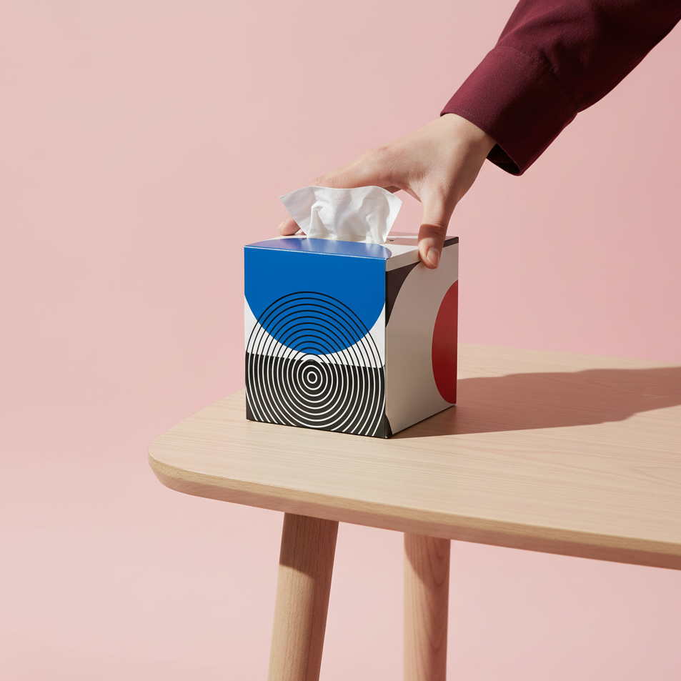 tissue box ion bamboo con trama geometrico una mano che afferra